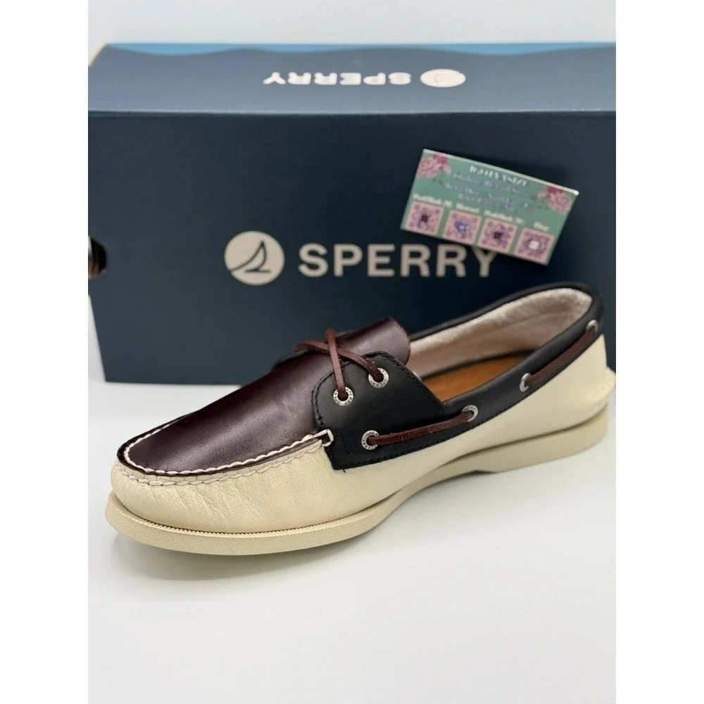 Sperry Top-Sider AO 2-Eye Boat Shoe Cream/Brn Combo Leather Mens Size 11.5 NWT